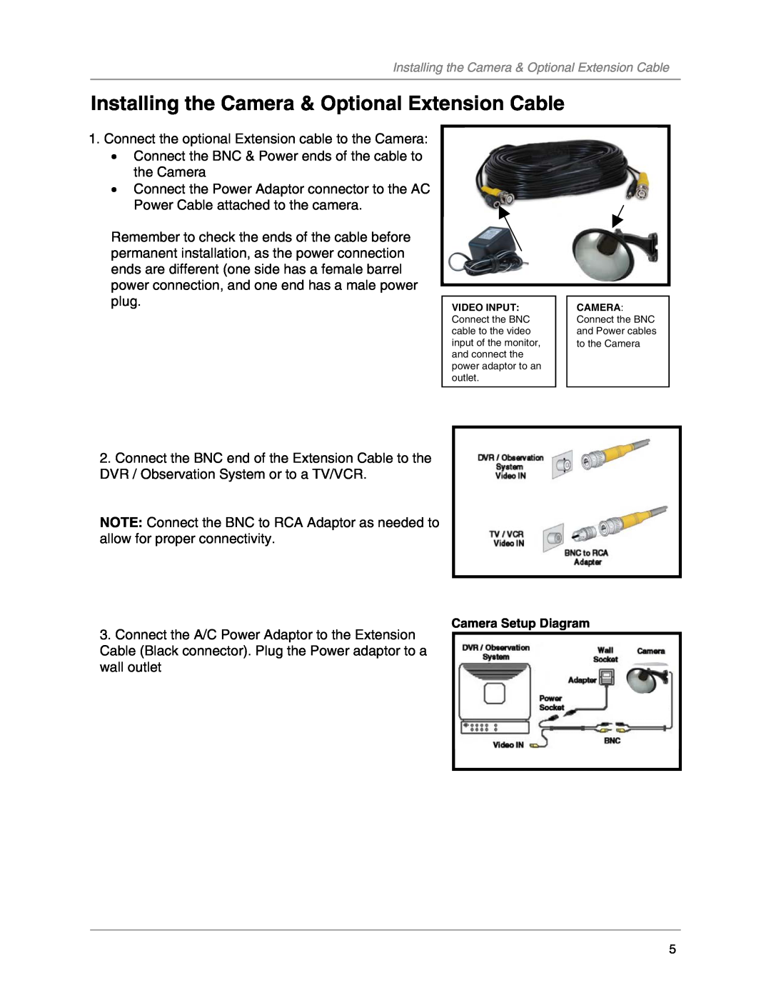 LOREX Technology CNC1020, DCC1020 warranty Installing the Camera & Optional Extension Cable, Camera Setup Diagram 