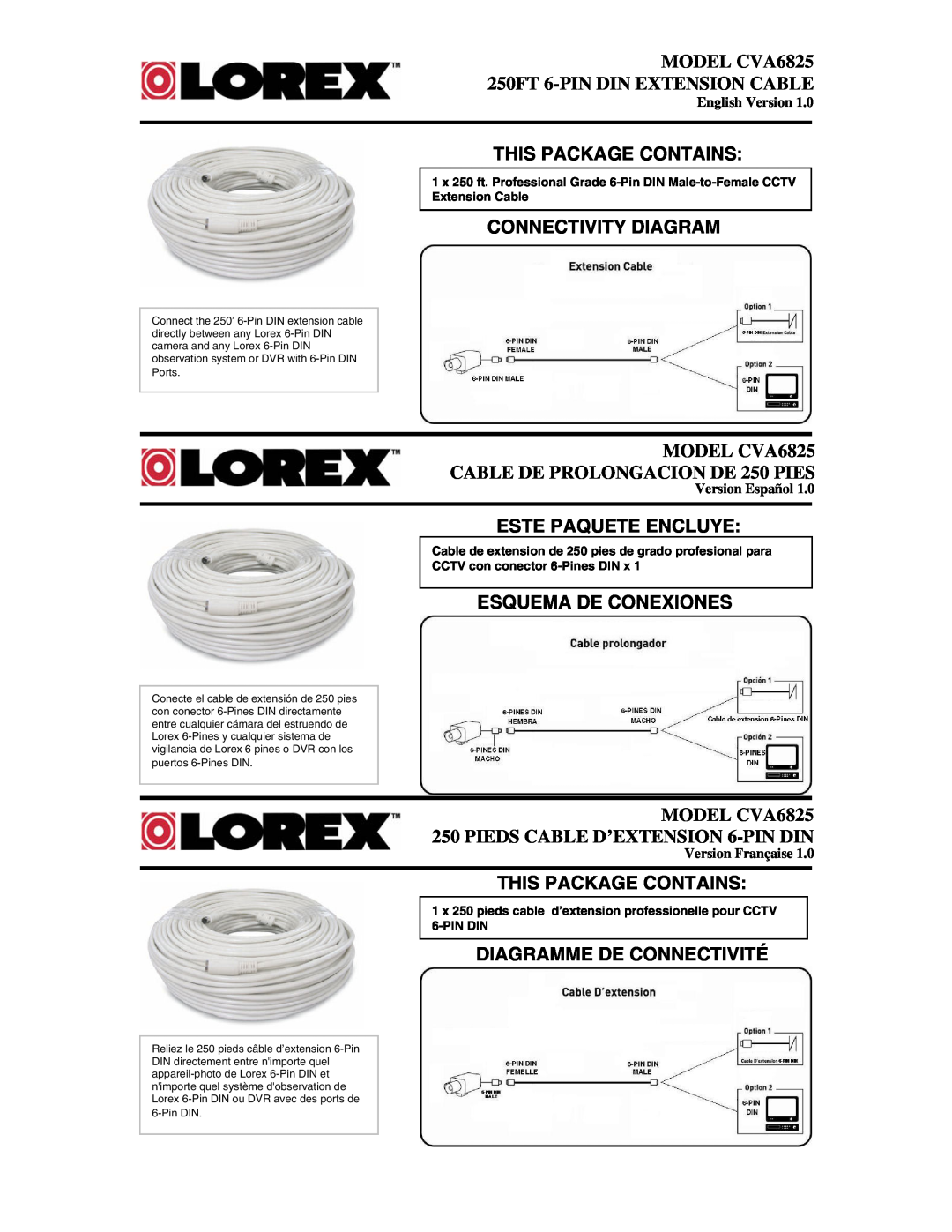 LOREX Technology manual MODEL CVA6825 250FT 6-PIN DIN EXTENSION CABLE, This Package Contains, Connectivity Diagram 