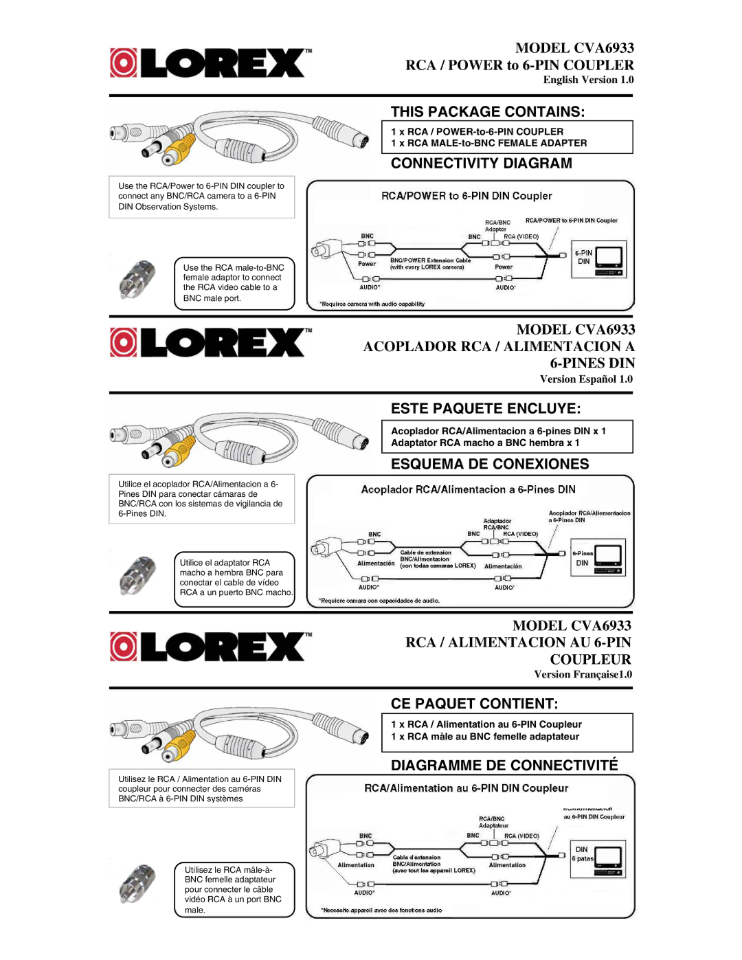 LOREX Technology CVA6933 manual This Package Contains, Connectivity Diagram, Este Paquete Encluye, Esquema DE Conexiones 