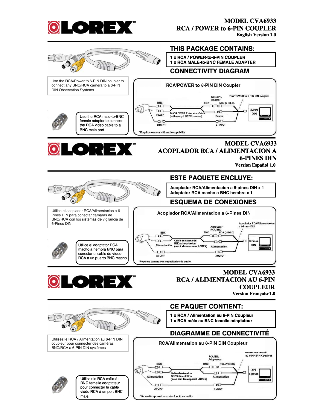 LOREX Technology manual MODEL CVA6933 RCA / POWER to 6-PIN COUPLER, This Package Contains, Connectivity Diagram 