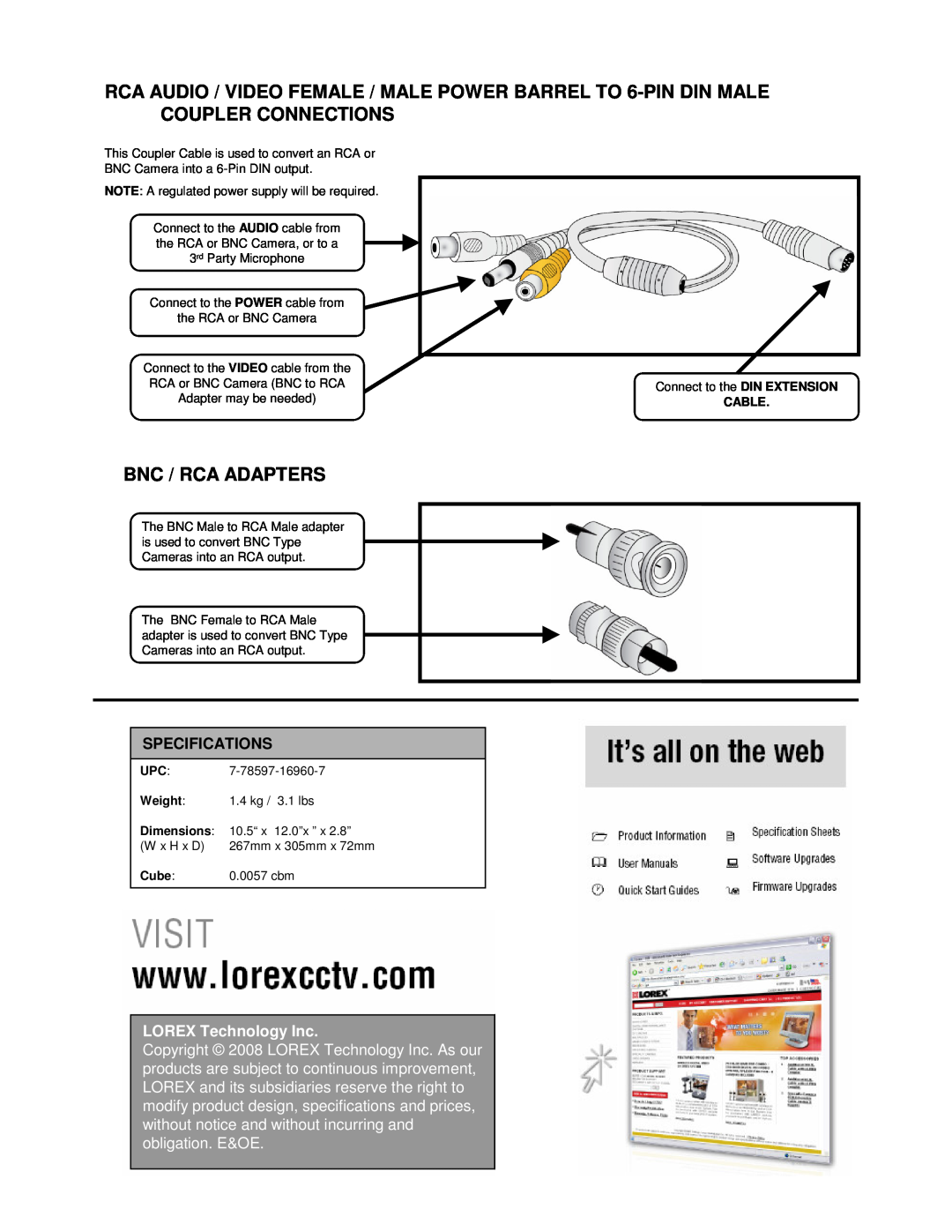LOREX Technology CVA6960-100 Bnc / Rca Adapters, Specifications, Cable, Weight, Dimensions, Cube, LOREX Technology Inc 