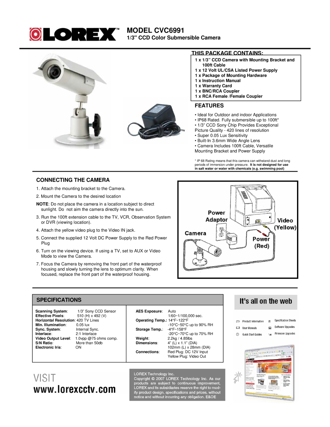 LOREX Technology CVA6991 specifications Model CVC6991, This Package Contains, Features, Connecting the Camera 