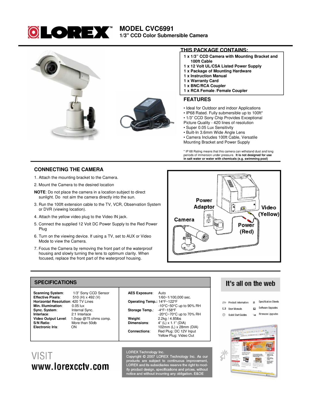 LOREX Technology CVA6991 specifications MODEL CVC6991, 1/3 CCD Color Submersible Camera, This Package Contains, Features 
