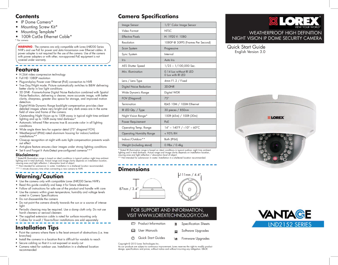 LOREX Technology CVC6945 specifications Contents, Features, Installation Tips, Camera Specifications, Dimensions 