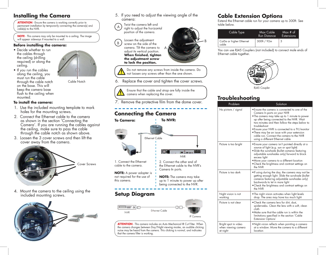 LOREX Technology CVC6945 Installing the Camera, Connecting the Camera, Cable Extension Options, Troubleshooting 