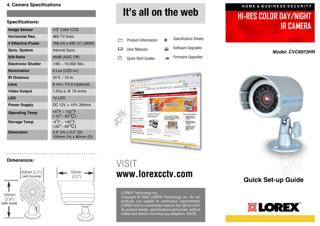 LOREX Technology CVC6973HR dimensions Camera Specifications, DimensionsVISIT, Led 