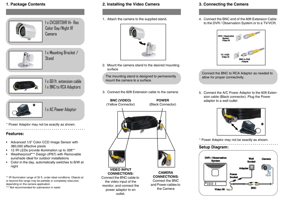 LOREX Technology CVC6973HRP Package Contents, Features, Installing the Video Camera, Connecting the Camera, Setup Diagram 