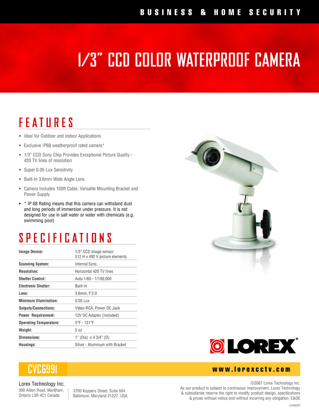 LOREX Technology CVC6991 specifications A T U R E S, Specification S, W . l o r e x c c t v . c o m, Lorex Technology Inc 