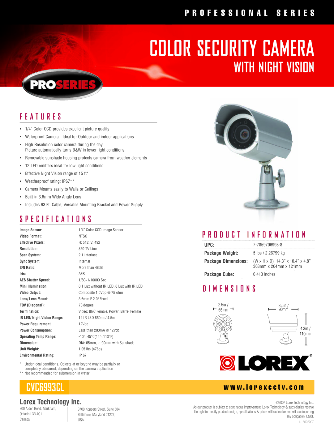 LOREX Technology CVC6993 specifications Specification s, O D U C T I n f o r m a t i o n, M e n s i o n s, Ntsc, Aes 