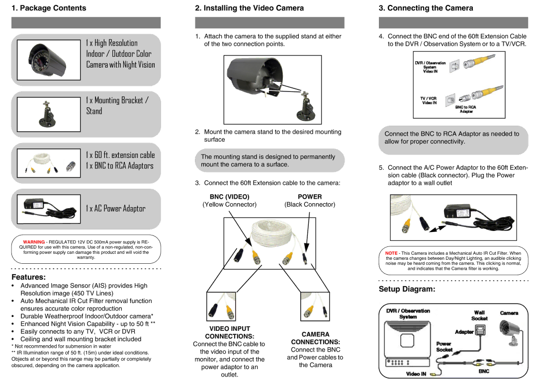 LOREX Technology CVC6993R Package Contents, Features, Installing the Video Camera, Connecting the Camera, Setup Diagram 