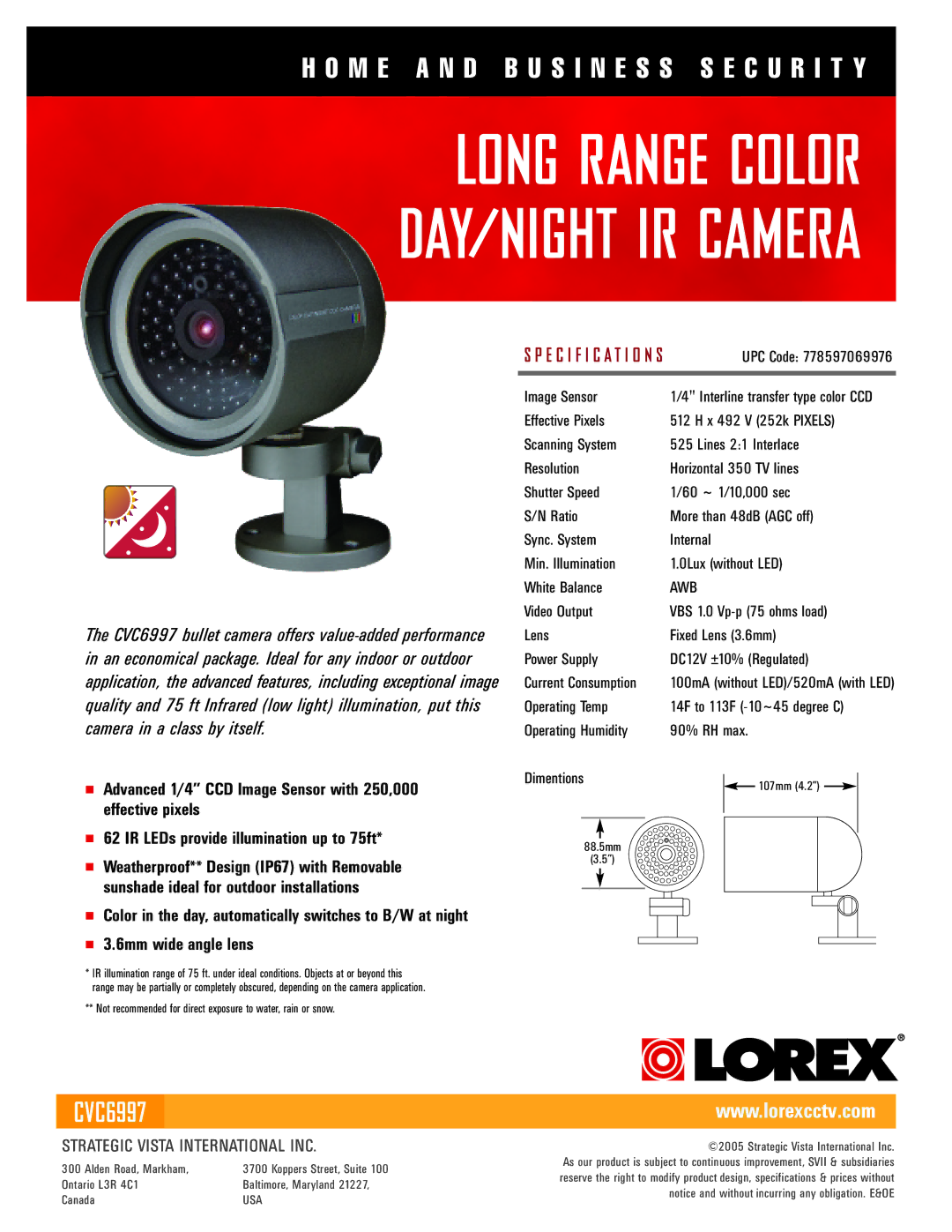 LOREX Technology CVC6997 specifications Long Range Color DAY/NIGHT IR Camera, IR LEDs provide illumination up to 75ft 