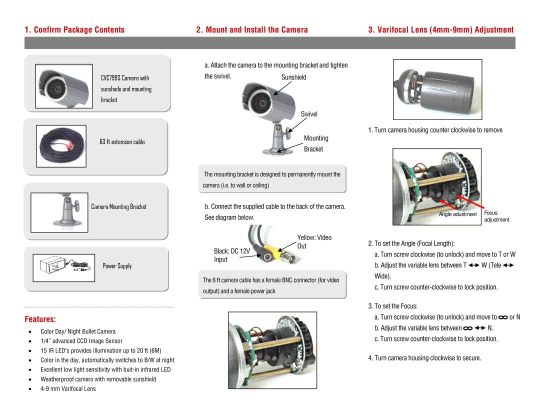 LOREX Technology CVC7993 specifications Confirm Package Contents Mount and Install the Camera, Features 