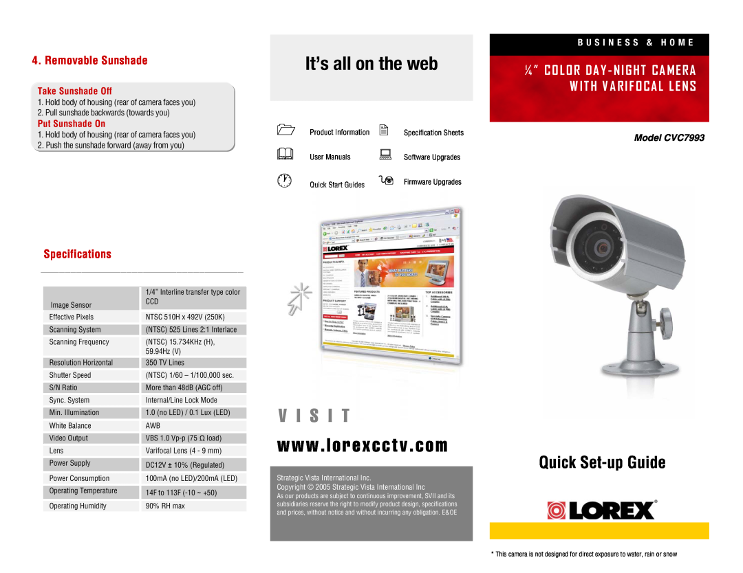 LOREX Technology specifications Removable Sunshade, Specifications, It’s all on the web, V I S I T, Model CVC7993 