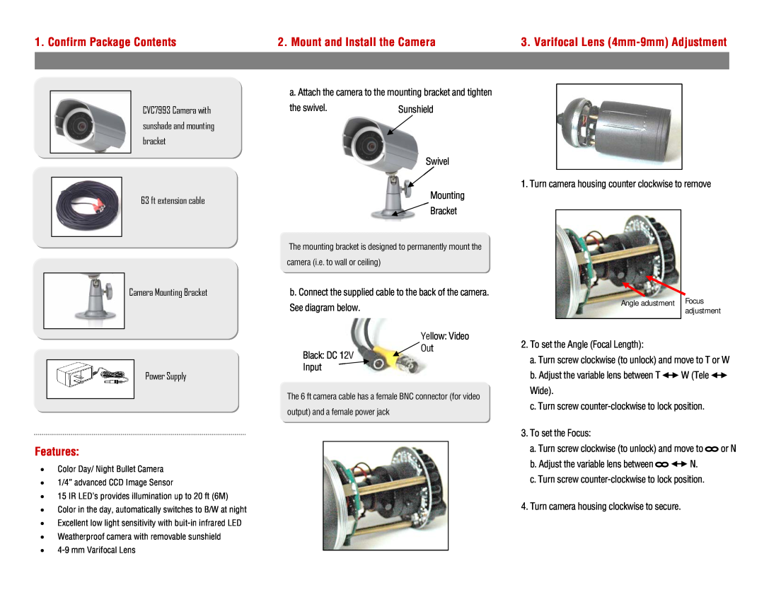 LOREX Technology CVC7993 specifications Confirm Package Contents, Mount and Install the Camera, Features 
