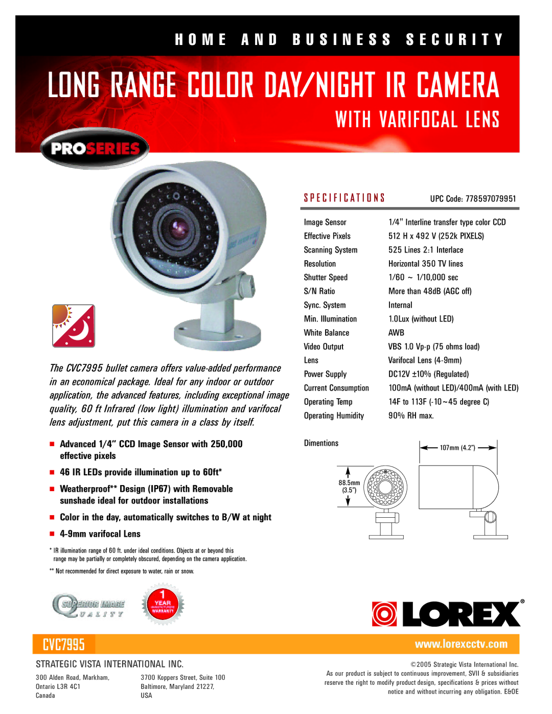 LOREX Technology CVC7995 specifications Long Range Color DAY/NIGHT IR Camera, With Varifocal Lens, 9mm varifocal Lens 