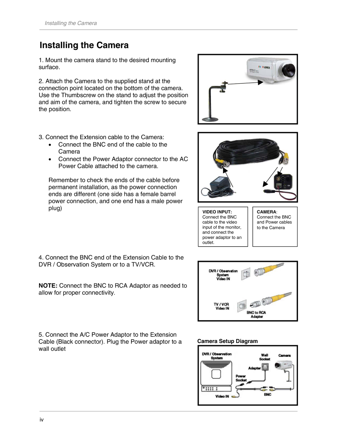 LOREX Technology CVC8001 manual Installing the Camera, Video Input 