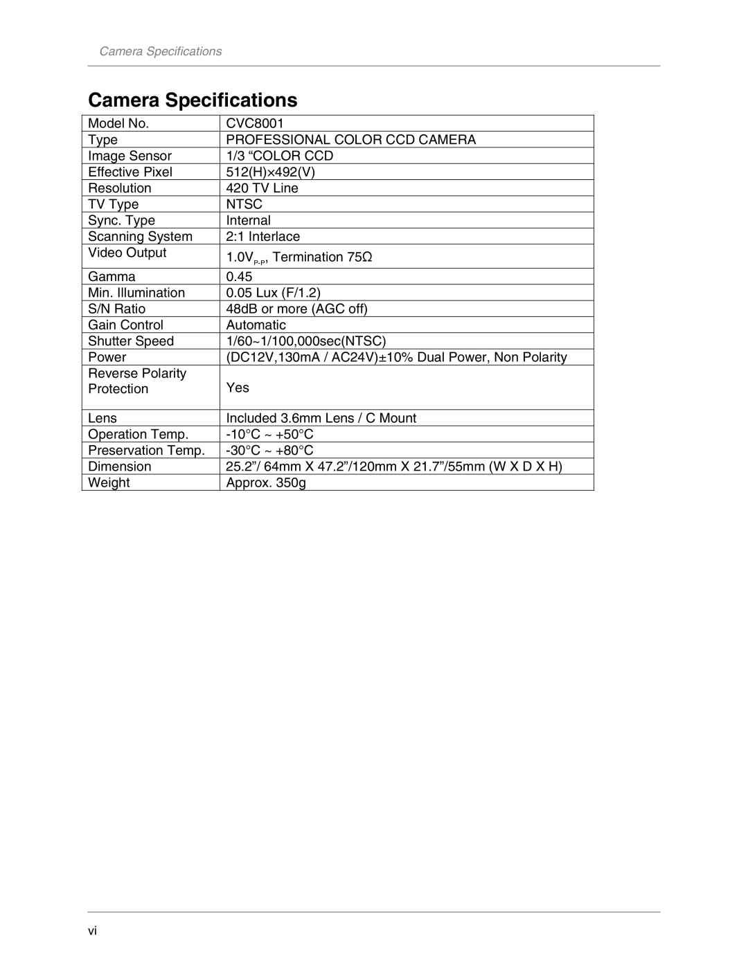 LOREX Technology CVC8001 manual Camera Specifications, Ntsc 