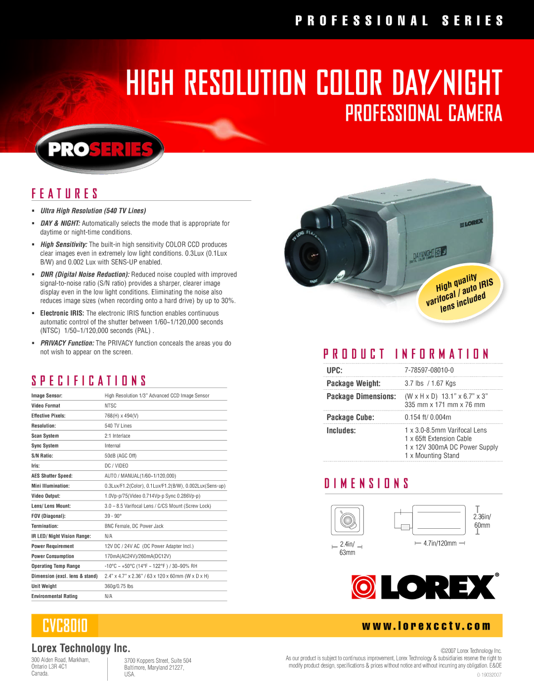 LOREX Technology CVC8010 specifications Specification s, O D U C T I n f o r m a t i o n, M e n s i o n s 