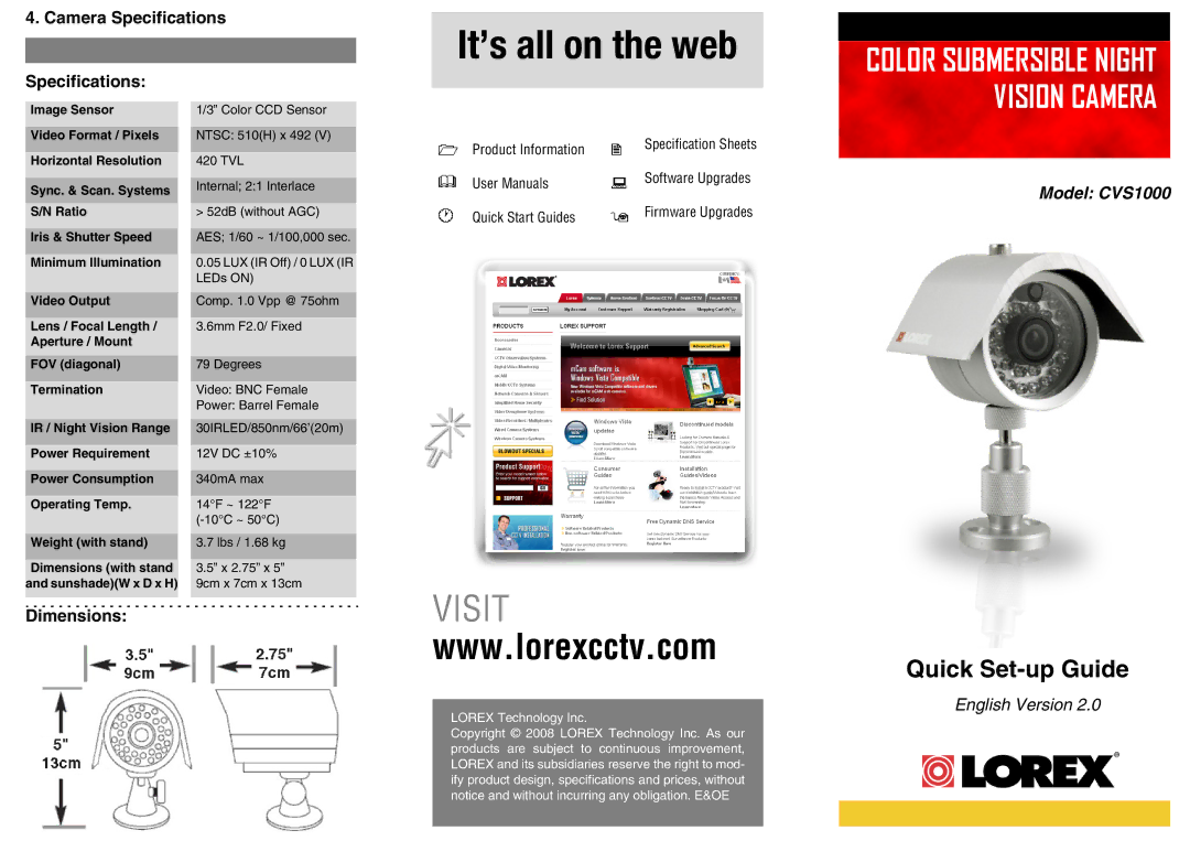 LOREX Technology CVS1000 dimensions Camera Specifications, Dimensions 