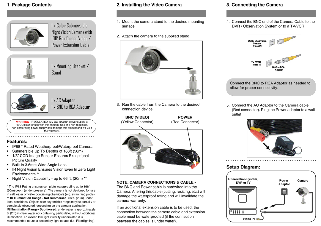 LOREX Technology CVS1000 Package Contents, Features, Installing the Video Camera, Connecting the Camera, Setup Diagram 