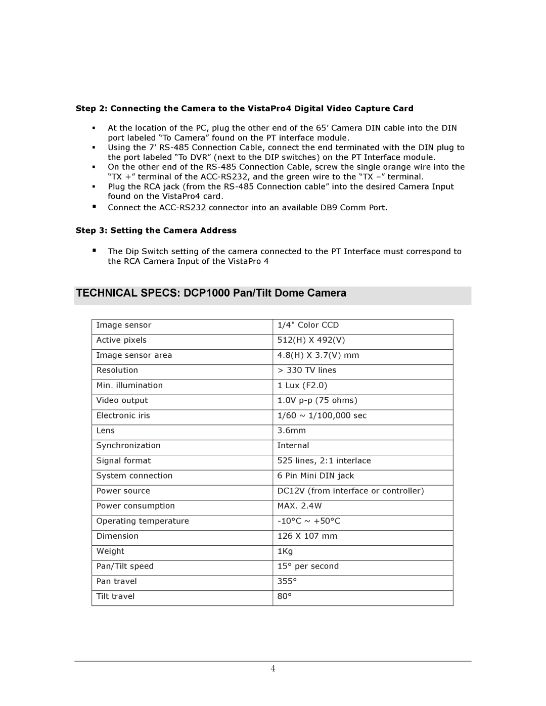 LOREX Technology manual Technical Specs DCP1000 Pan/Tilt Dome Camera, Setting the Camera Address 