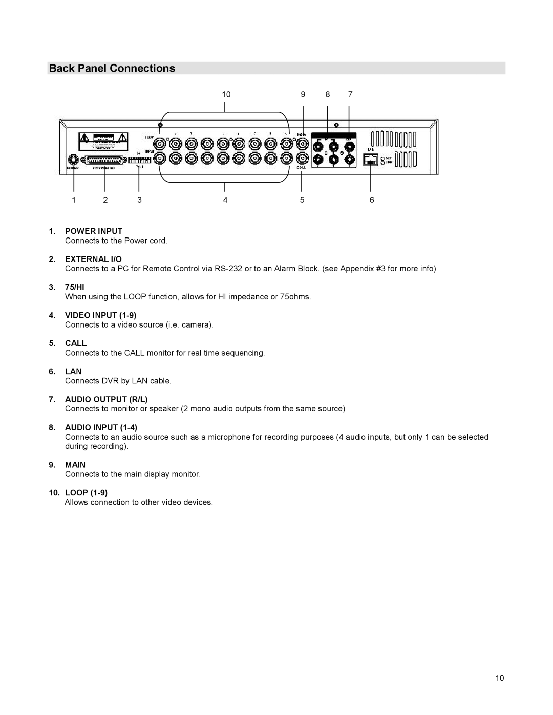 LOREX Technology DGN209 instruction manual Back Panel Connections 