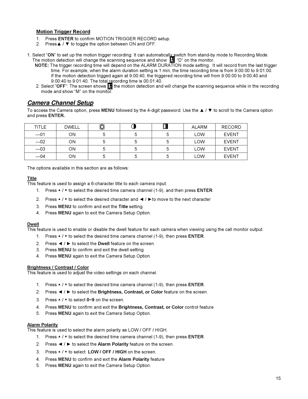 LOREX Technology DGN209 Motion Trigger Record, Title, Dwell, Brightness / Contrast / Color, Alarm Polarity 