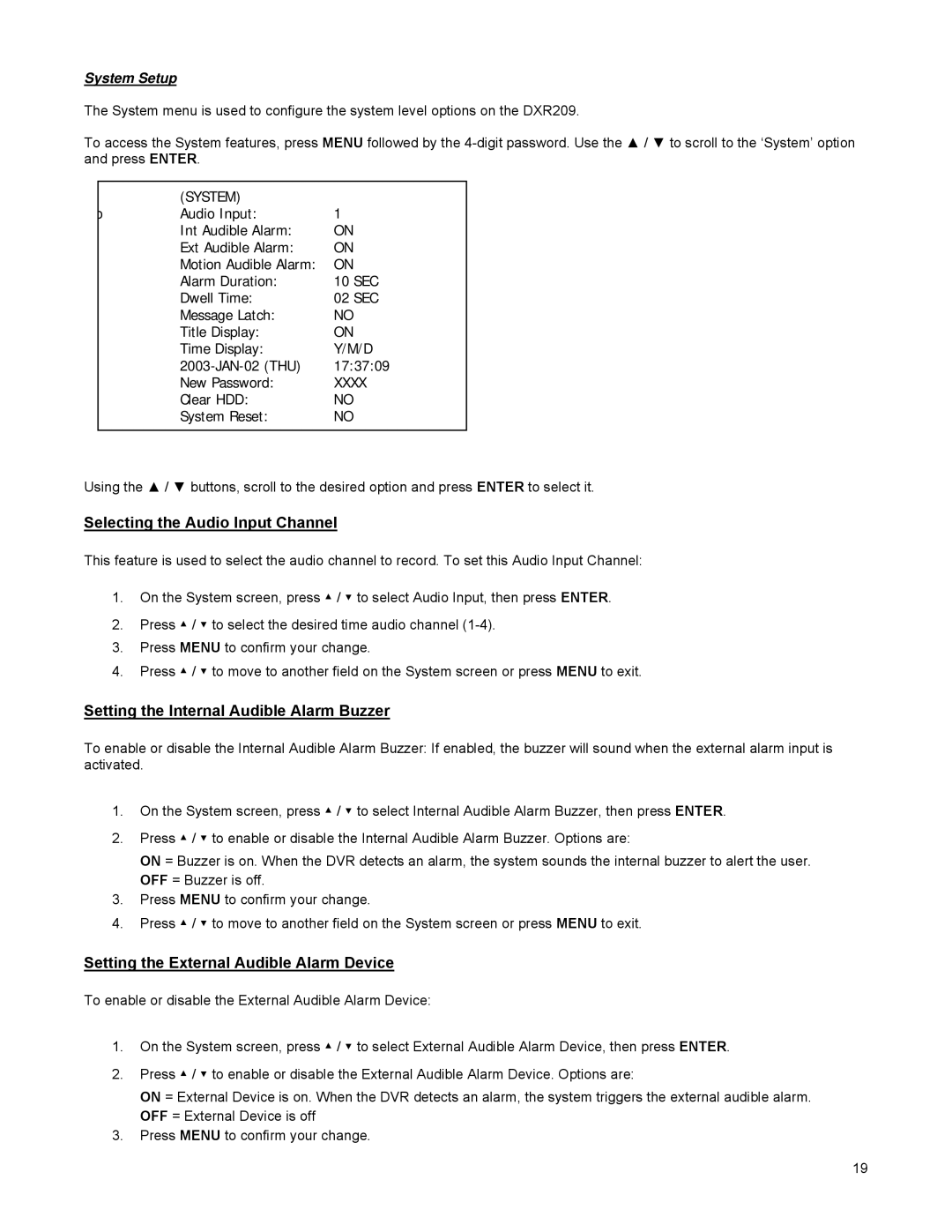 LOREX Technology DGN209 instruction manual Selecting the Audio Input Channel, Setting the Internal Audible Alarm Buzzer 