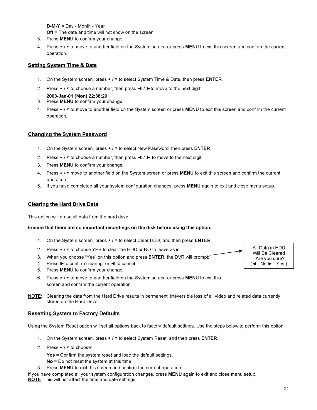 LOREX Technology DGN209 Setting System Time & Date, Changing the System Password, Clearing the Hard Drive Data, Jan-01 Mon 