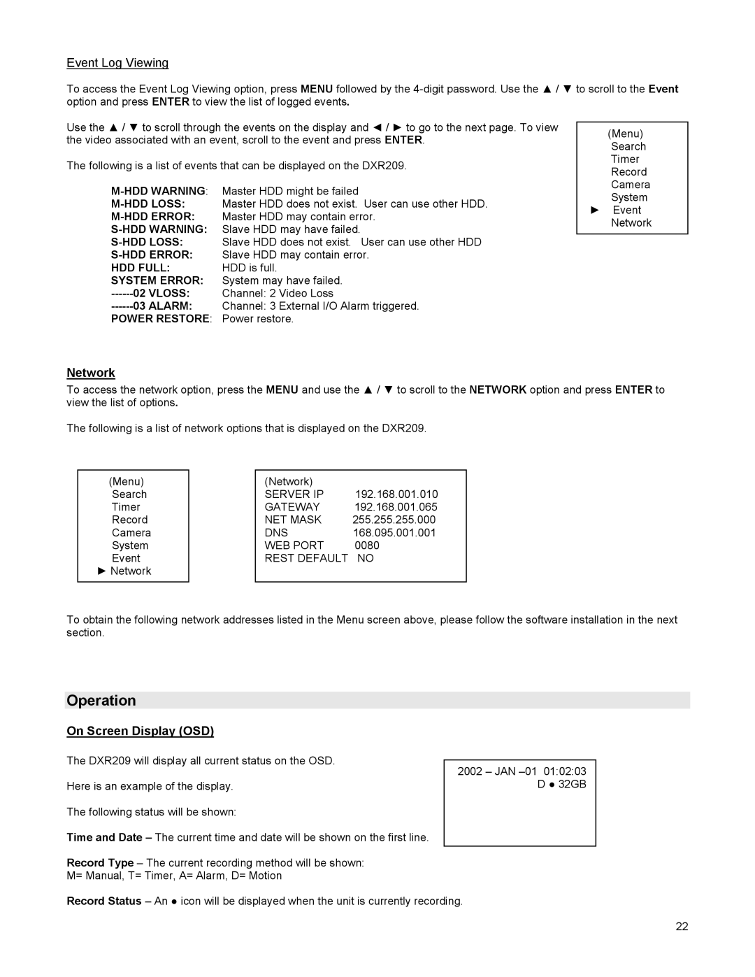 LOREX Technology DGN209 instruction manual Operation, Network, On Screen Display OSD 