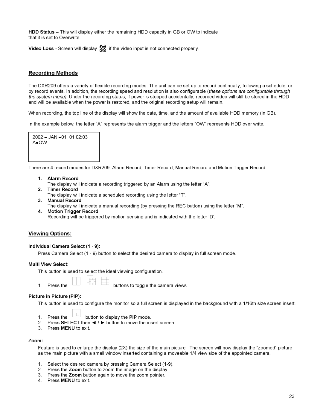 LOREX Technology DGN209 instruction manual Recording Methods, Viewing Options 