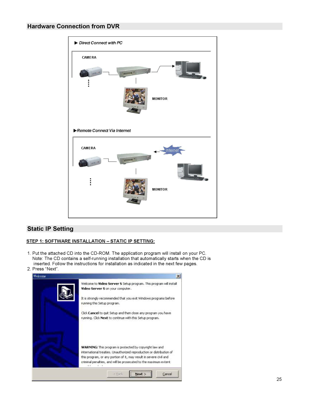 LOREX Technology DGN209 Hardware Connection from DVR Static IP Setting, Software Installation Static IP Setting 