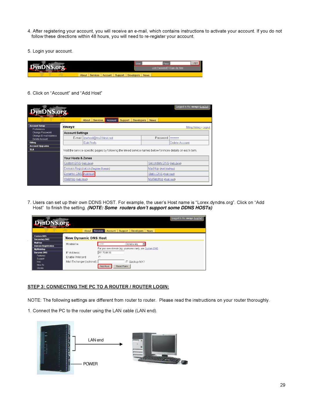 LOREX Technology DGN209 instruction manual Connecting the PC to a Router / Router Login, LAN end 