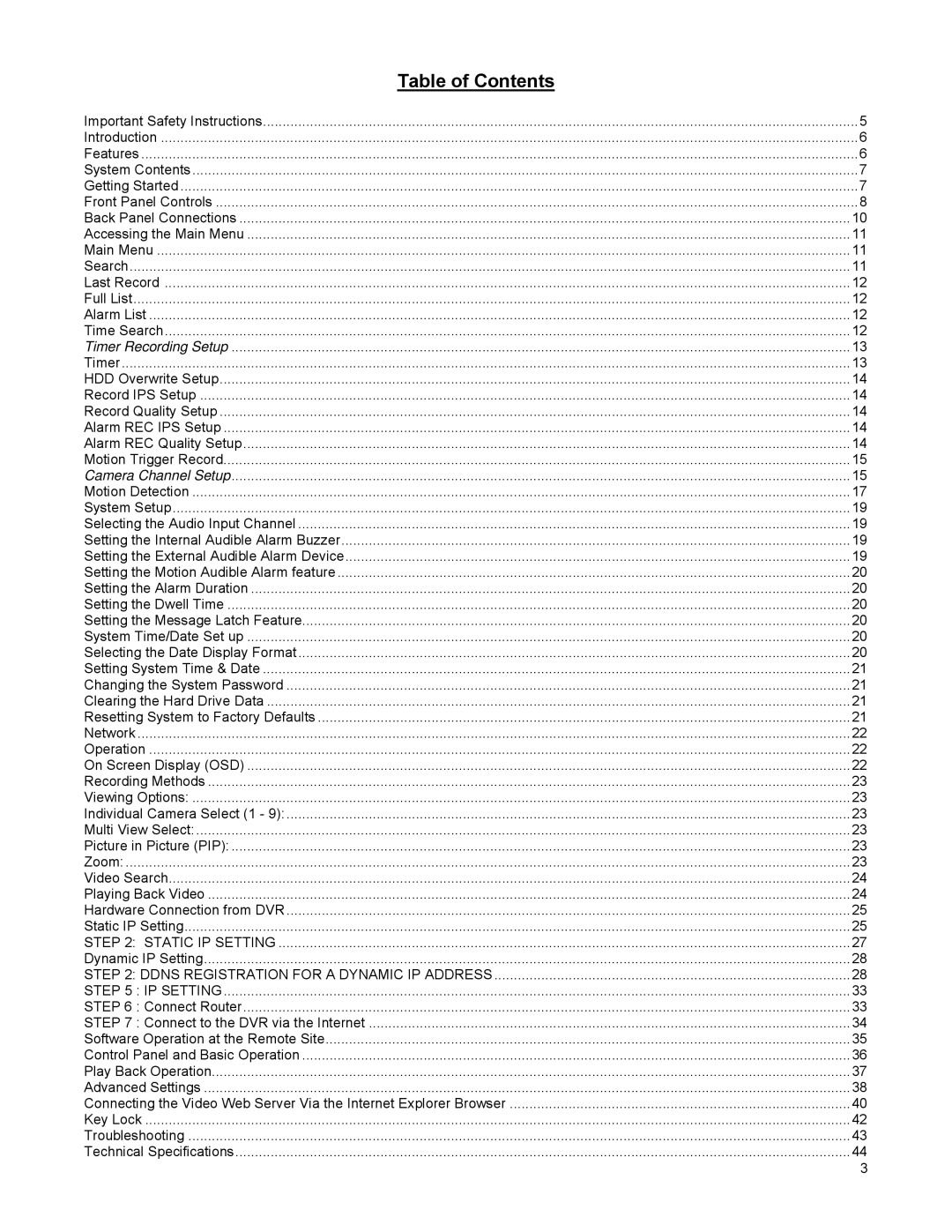 LOREX Technology DGN209 instruction manual Table of Contents 