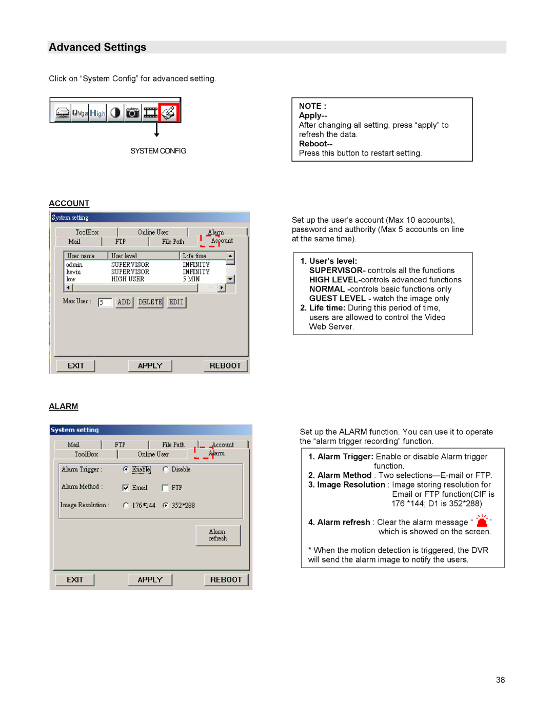 LOREX Technology DGN209 instruction manual Advanced Settings, System Config Account Alarm, Apply, Reboot, User’s level 