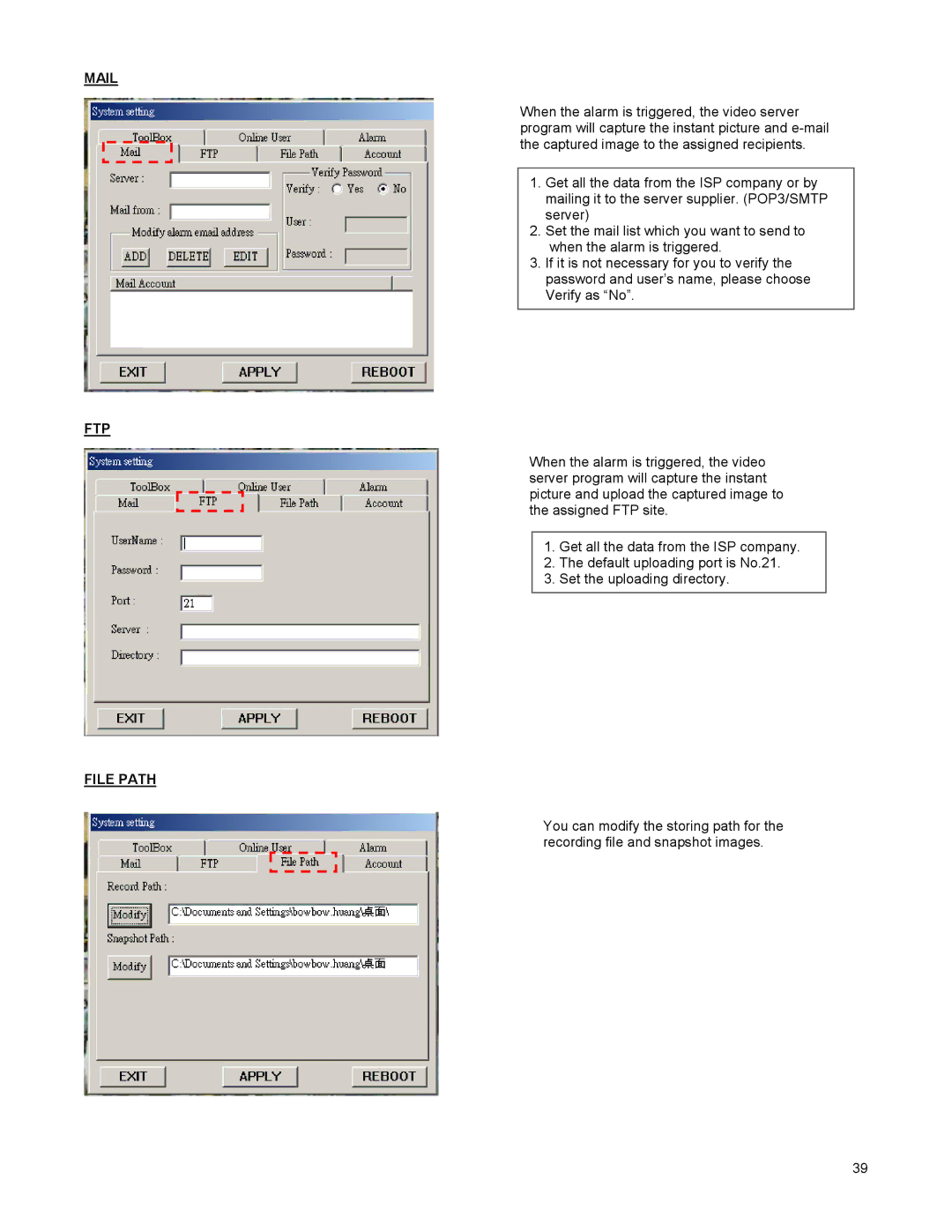 LOREX Technology DGN209 instruction manual Mail, Ftp, File Path 