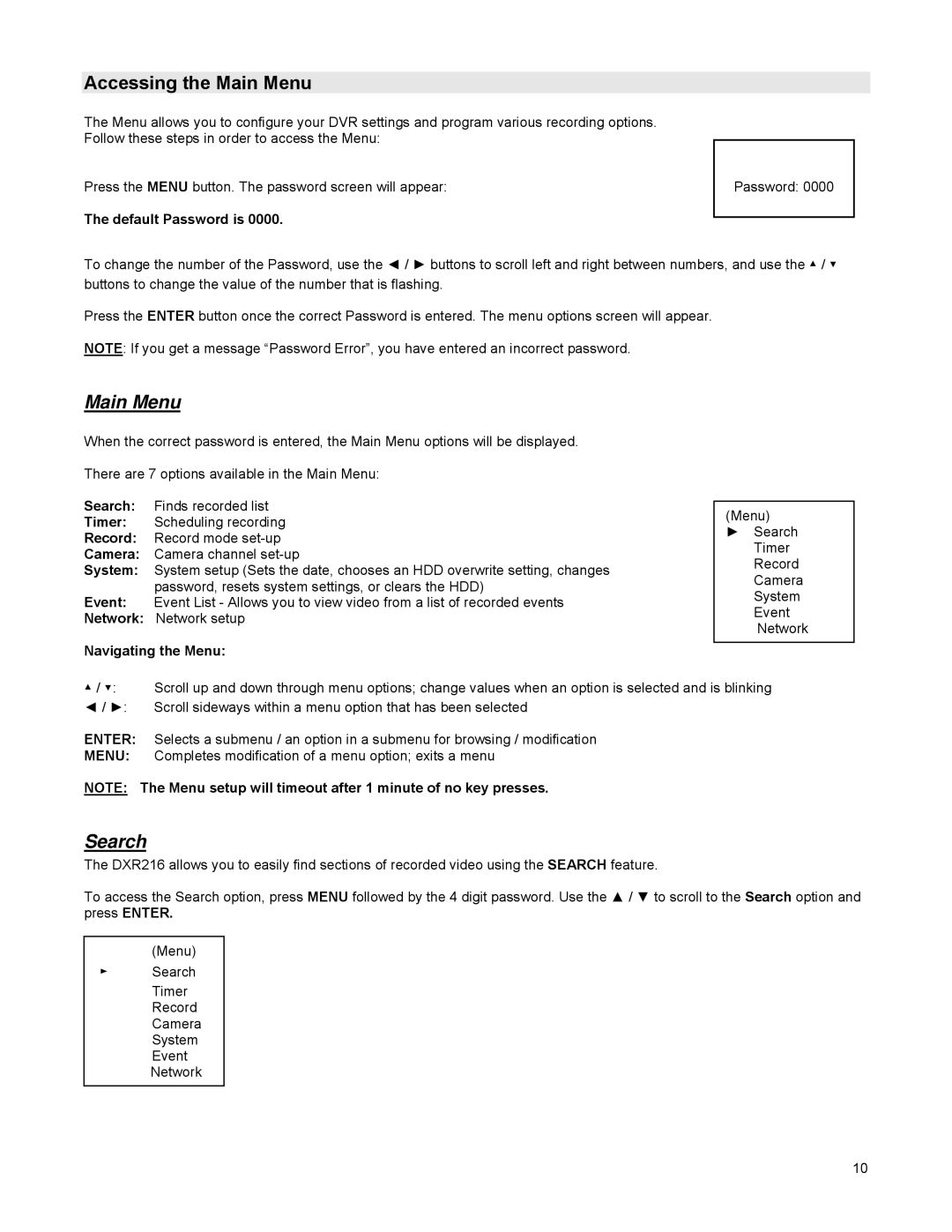 LOREX Technology DGN216 instruction manual Accessing the Main Menu, Search 