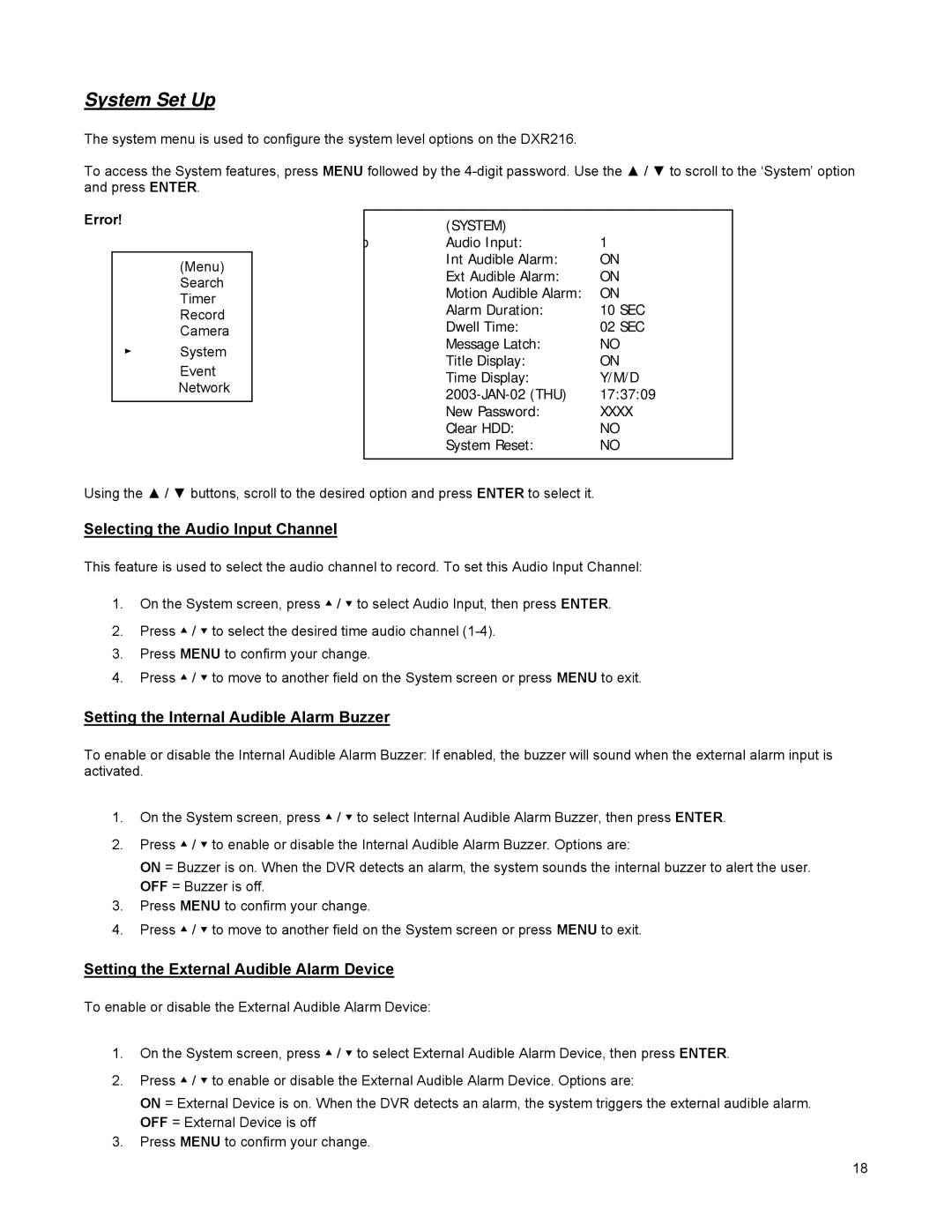 LOREX Technology DGN216 System Set Up, Selecting the Audio Input Channel, Setting the Internal Audible Alarm Buzzer, Error 