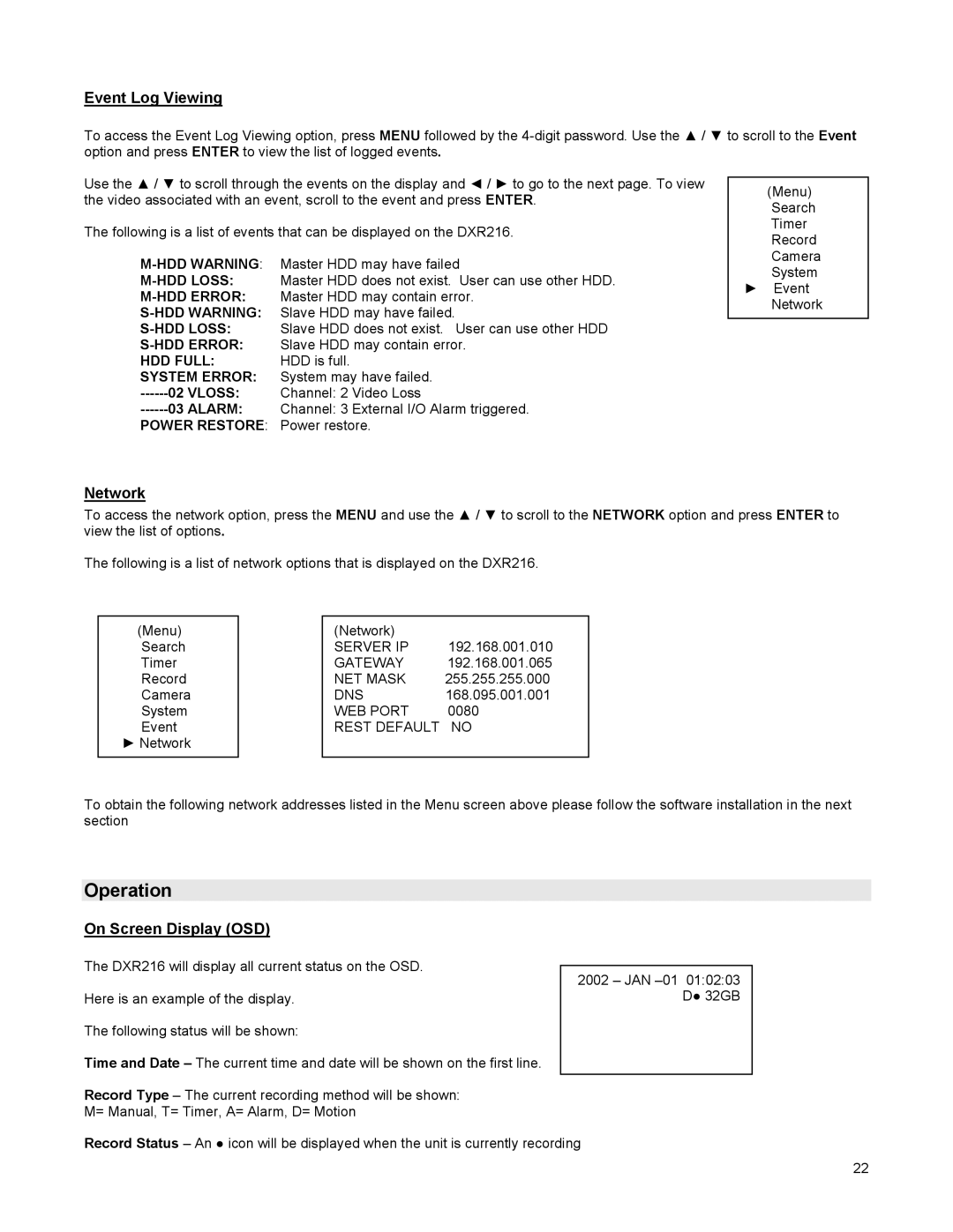 LOREX Technology DGN216 instruction manual Operation, Event Log Viewing, Network, On Screen Display OSD 