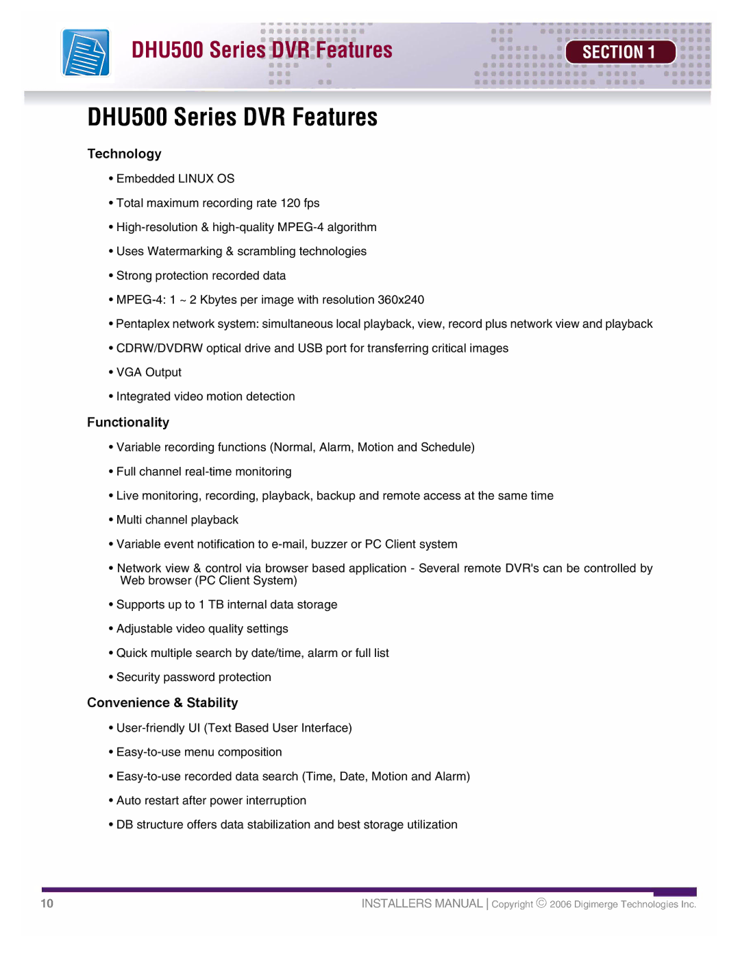 LOREX Technology DHU500 SERIES installation manual DHU500 Series DVR Features, Technology 