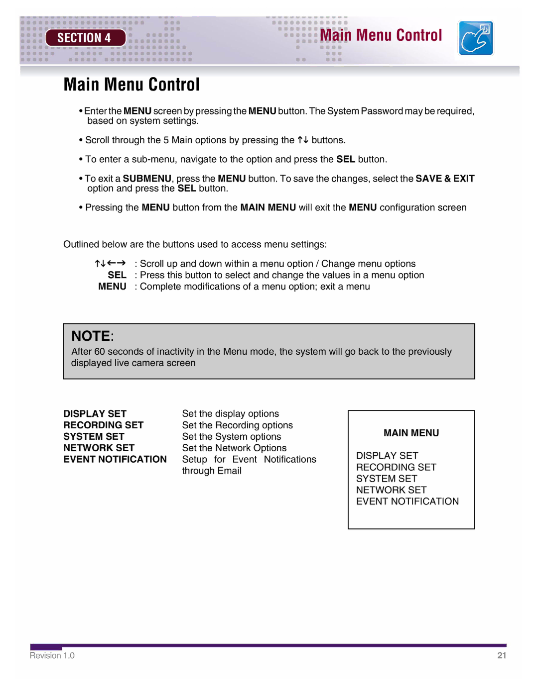 LOREX Technology DHU500 SERIES installation manual Main Menu Control 