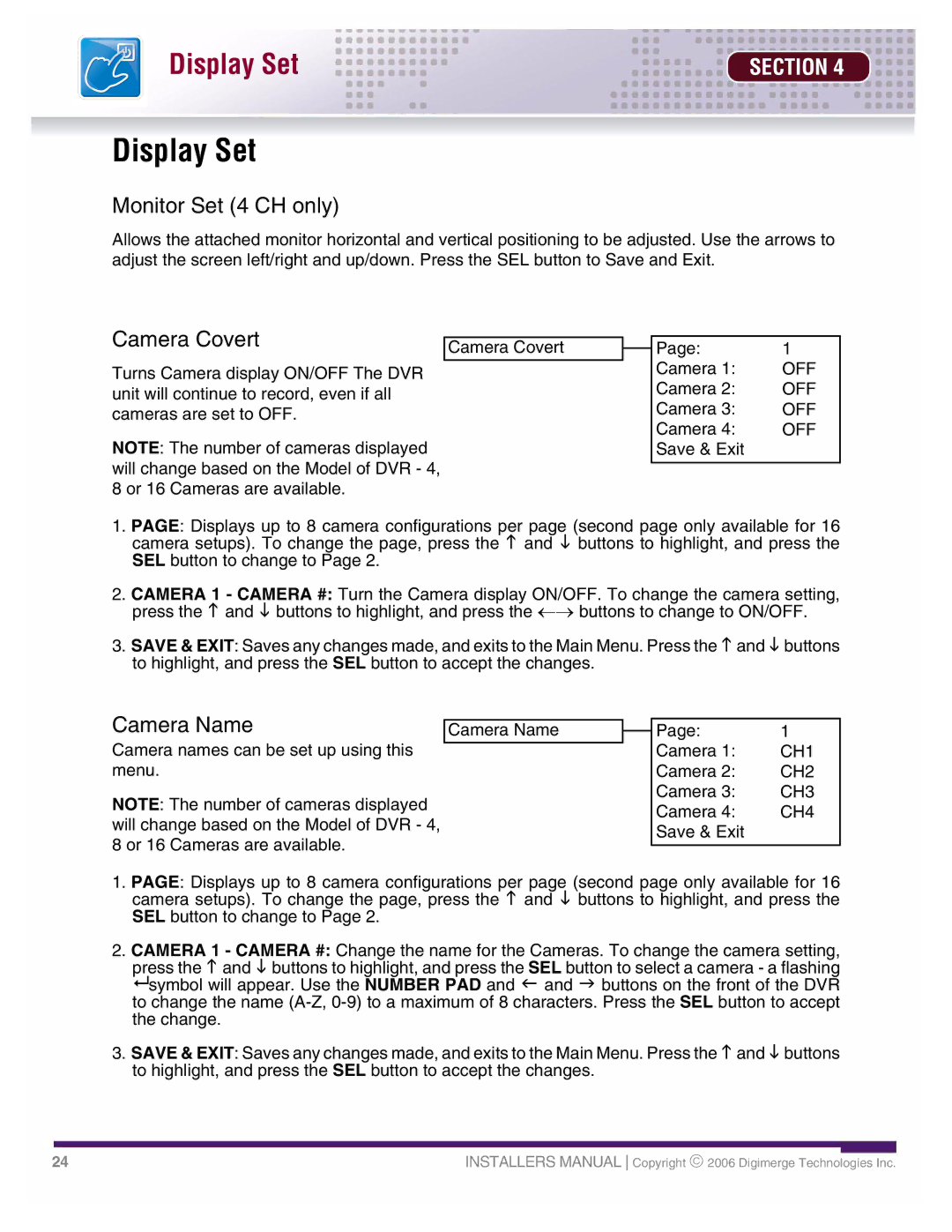 LOREX Technology DHU500 SERIES installation manual Monitor Set 4 CH only, Camera Covert, Camera Name 