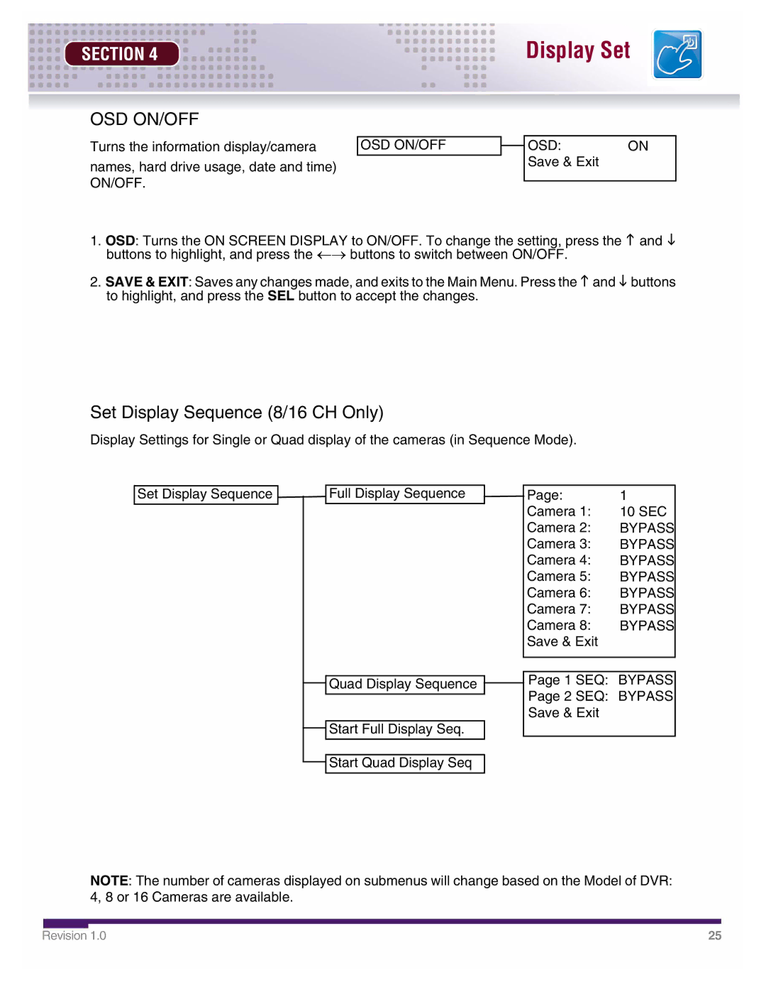 LOREX Technology DHU500 SERIES installation manual Osd On/Off, Set Display Sequence 8/16 CH Only 