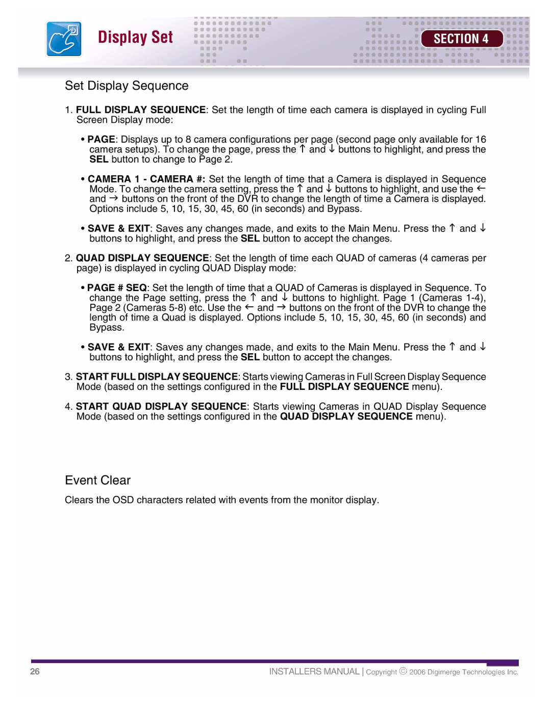 LOREX Technology DHU500 SERIES installation manual Set Display Sequence, Event Clear 