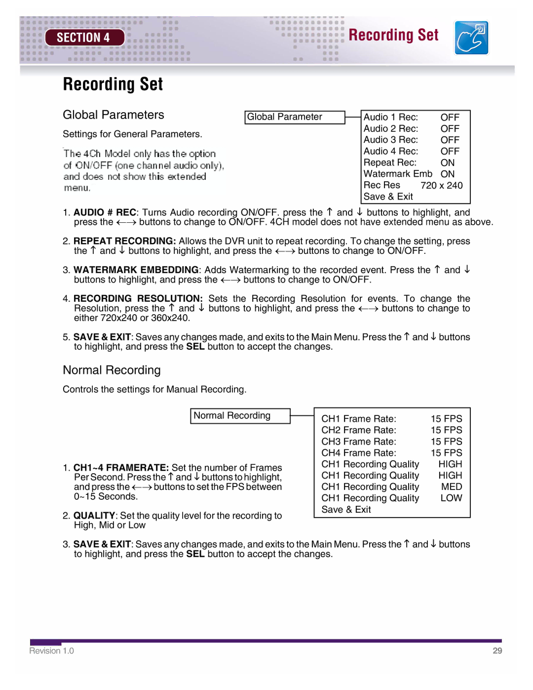 LOREX Technology DHU500 SERIES installation manual Global Parameters, Normal Recording 