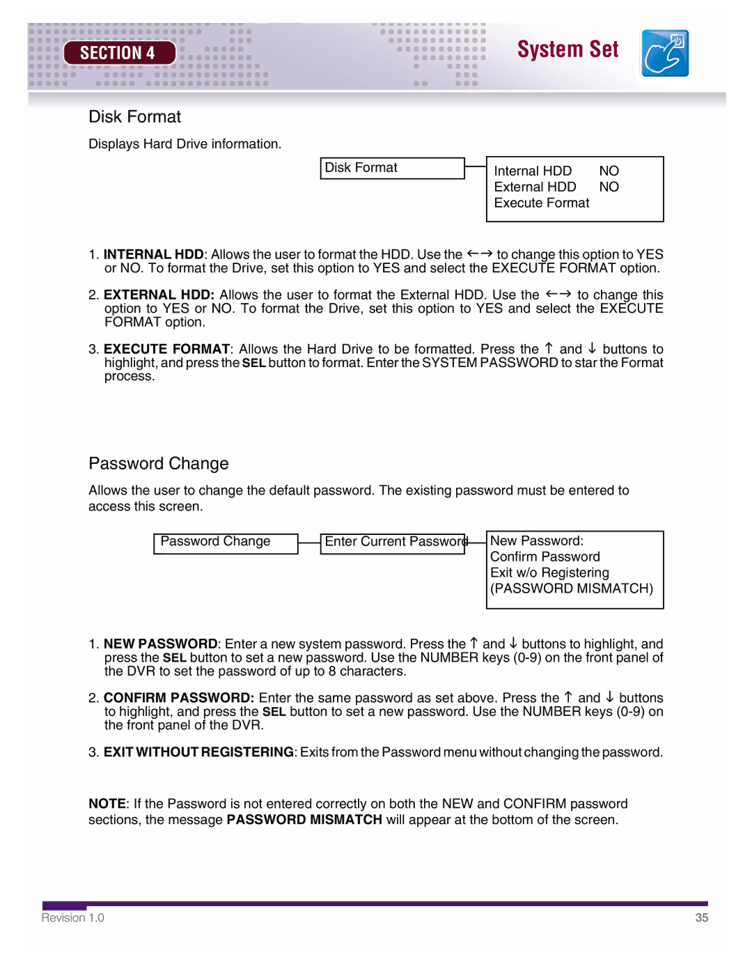 LOREX Technology DHU500 SERIES installation manual Disk Format, Password Change 