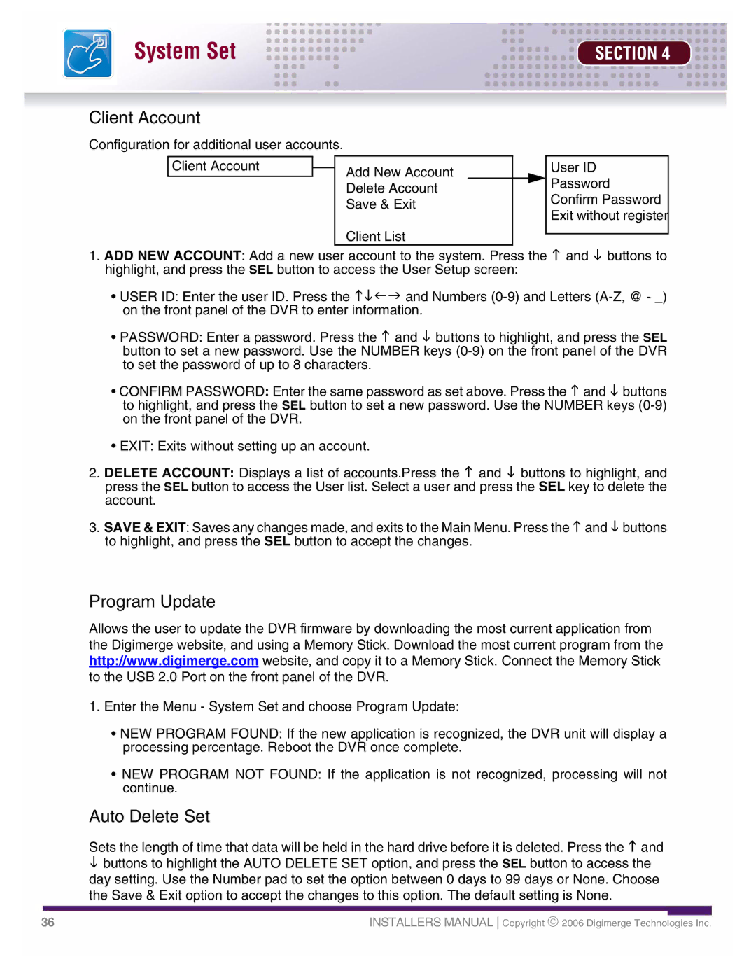 LOREX Technology DHU500 SERIES installation manual Client Account, Program Update, Auto Delete Set 