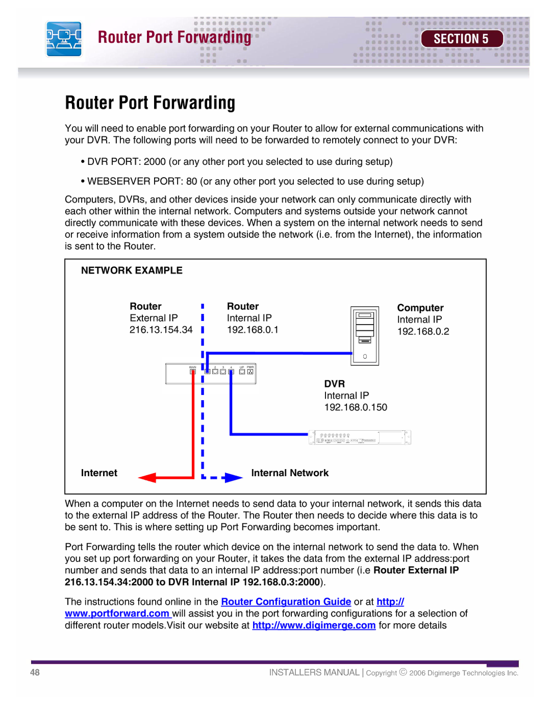 LOREX Technology DHU500 SERIES installation manual Router Port Forwarding, Network Example 