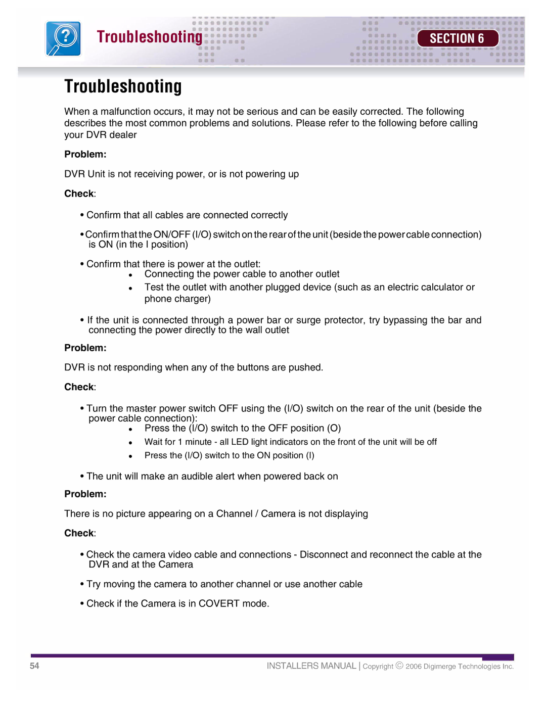 LOREX Technology DHU500 SERIES installation manual Troubleshooting, Check 