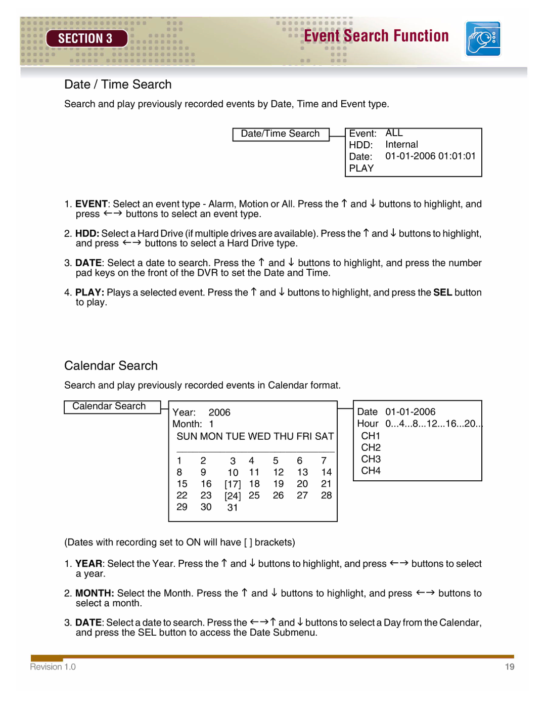 LOREX Technology DHU500 manual Date / Time Search, Calendar Search 